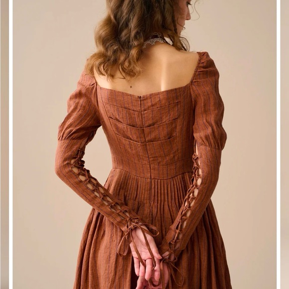 LINENNAIVE Nicola 33 Regency striped dress amber brown size large NWT - Picture 4 of 16